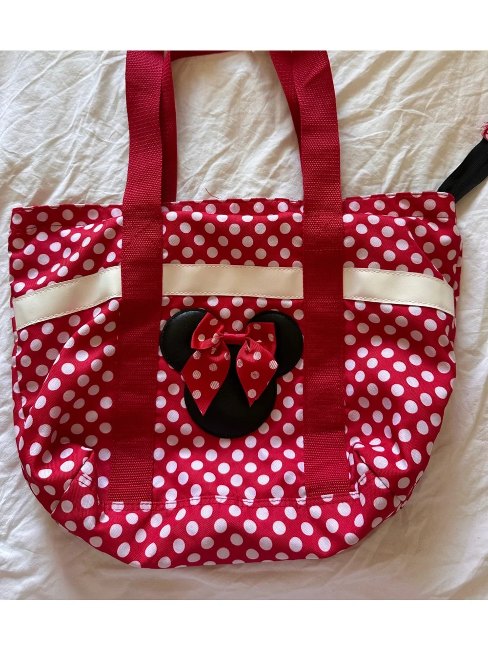 Disney Red and White Polka Dot Minnie Tote Bag with Black Bow Accent